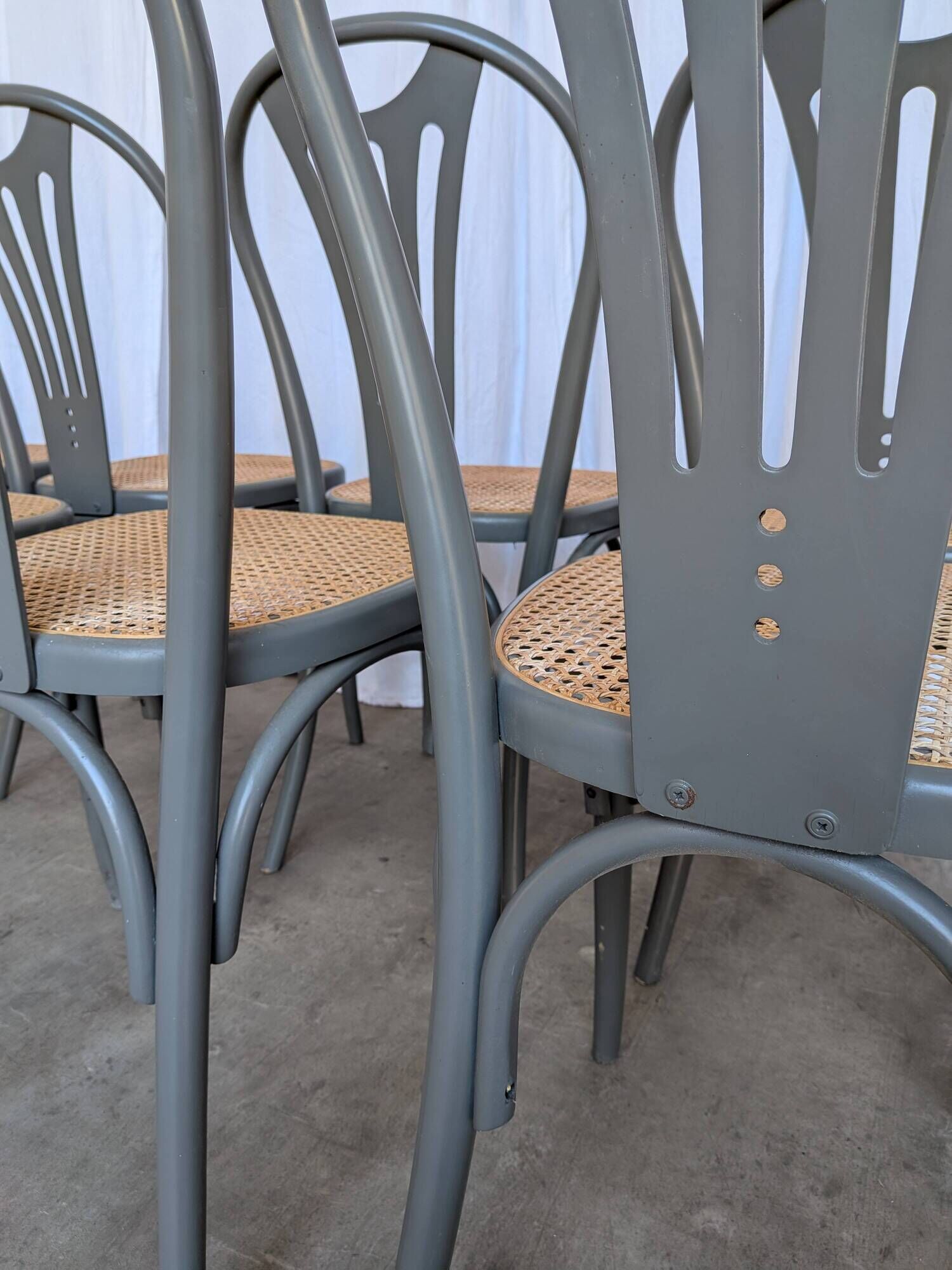 Set of 8 Vintage Gray Bentwood Dining Chair: Thonet Style Cane Seat