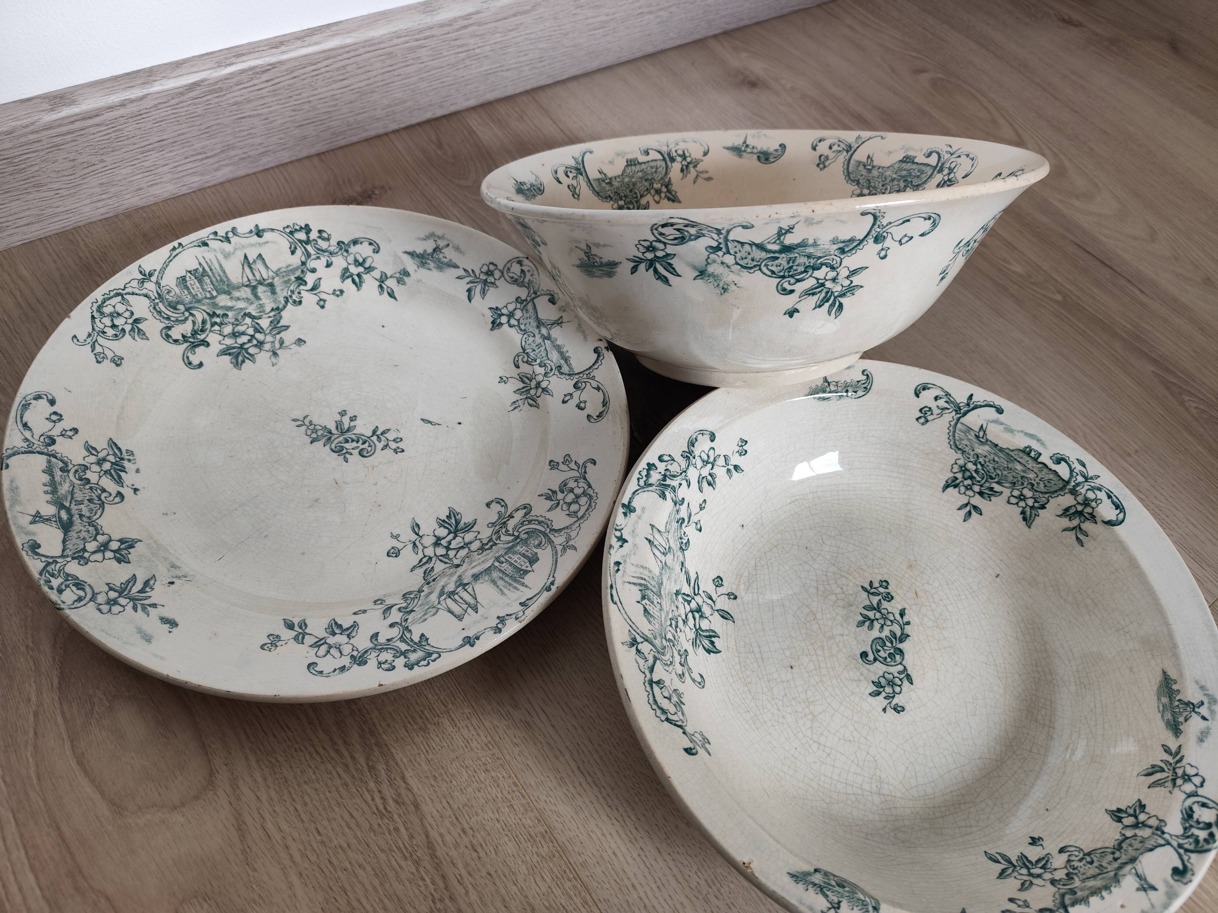 Trio of dishes: Salad bowl, Vegetable dish & Deep plate Faïence de Lyon Model