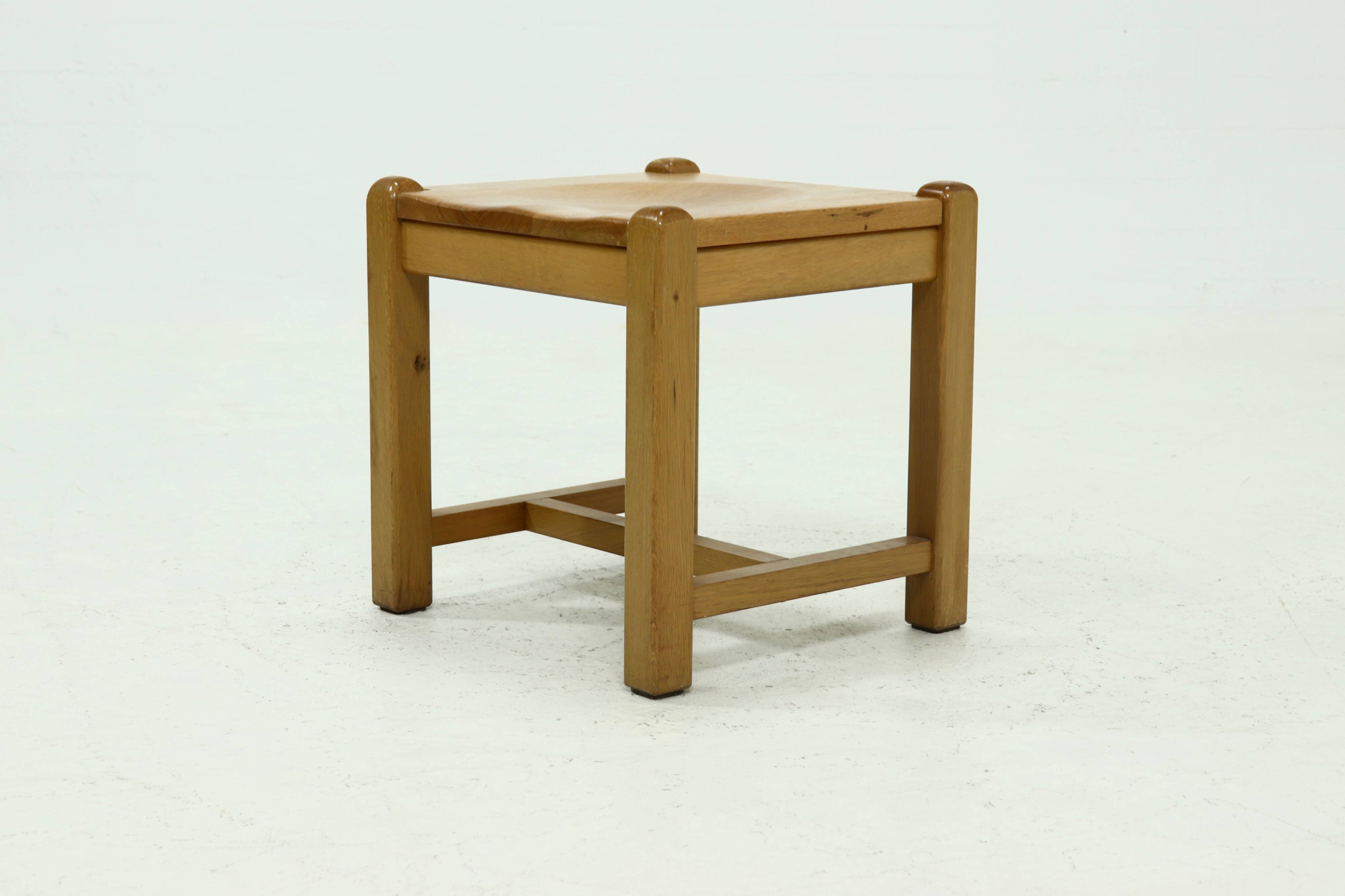 Solid Blonde Oak Cubic Stool with Carved Seat, 1970s