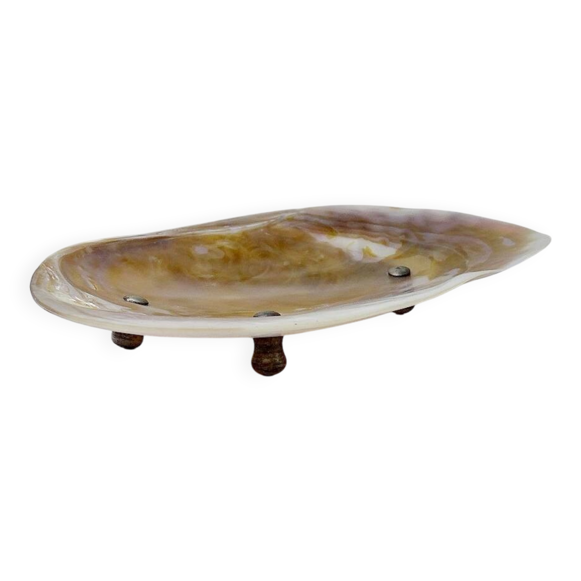 Antique mother-of-pearl tripod bowl empty pocket with silver metal legs