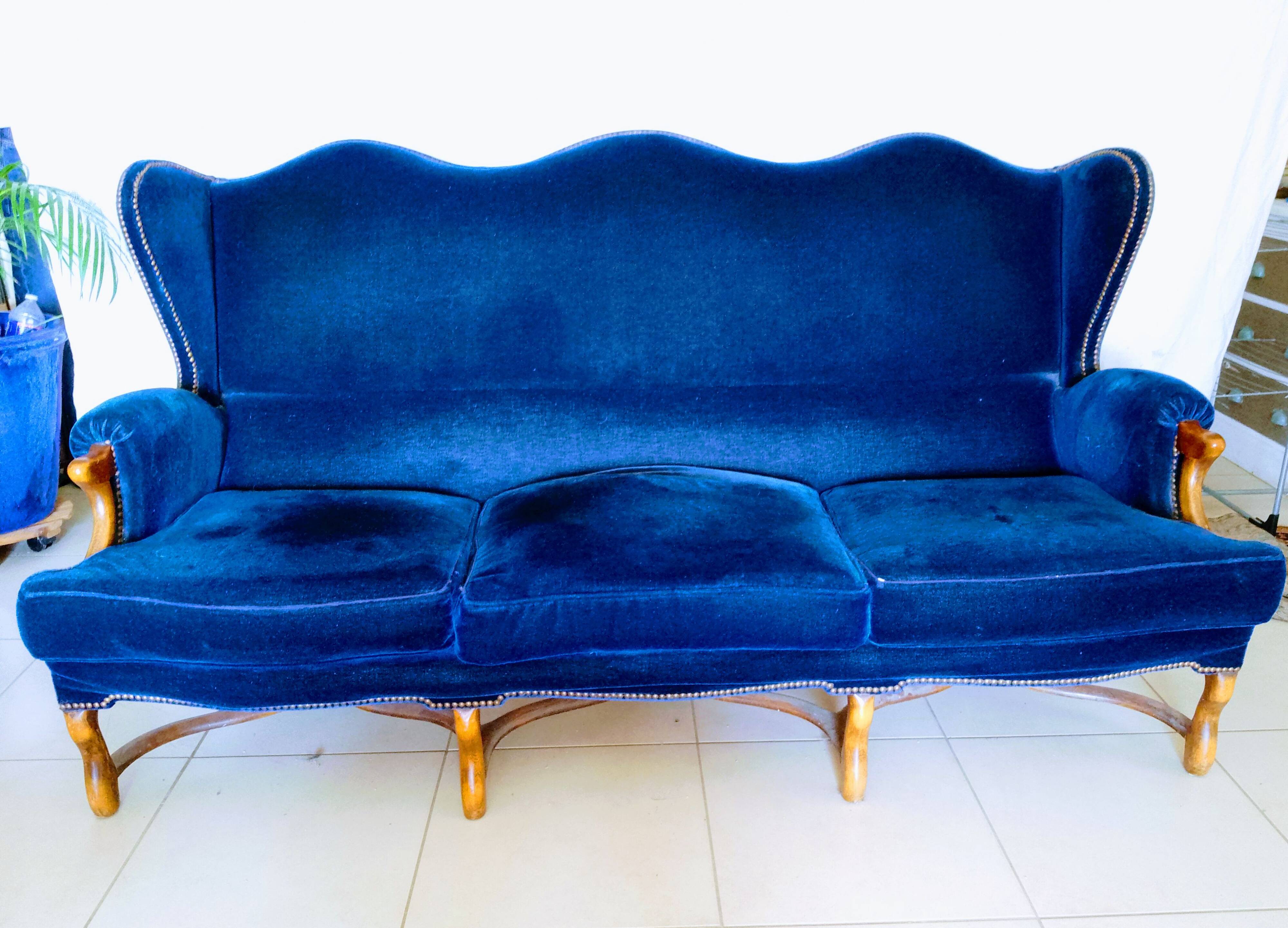 3 seater blue velvet sofa