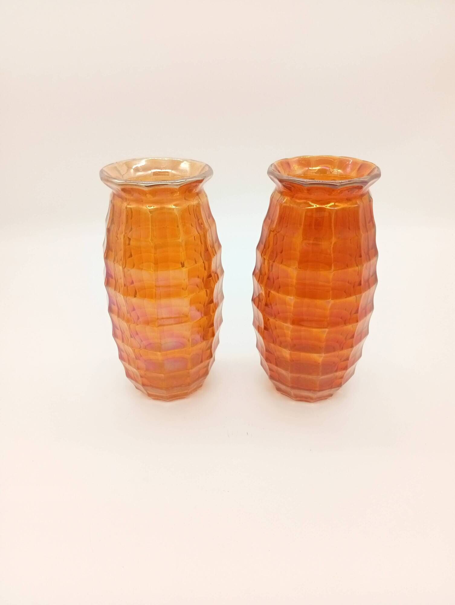 Paire Vases Art Déco Josef Invald Carnival Marigold Orange Irisé Jacobean