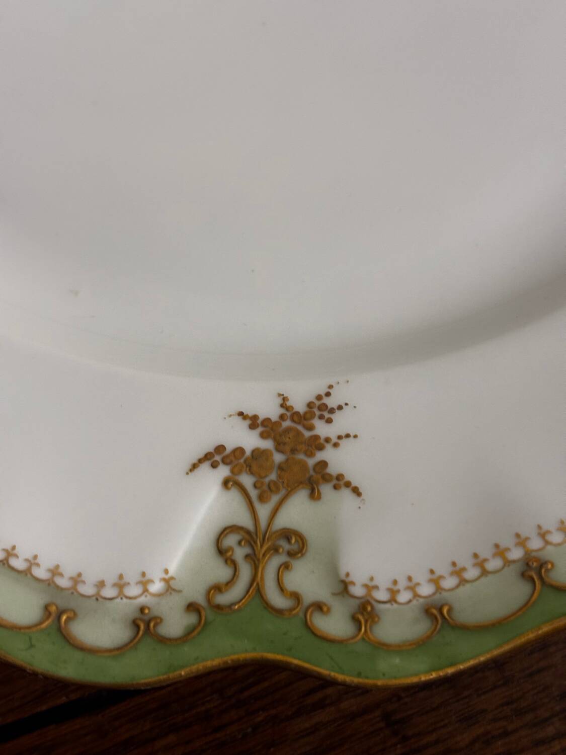Vintage round green Limoges porcelain serving platter with gold trim