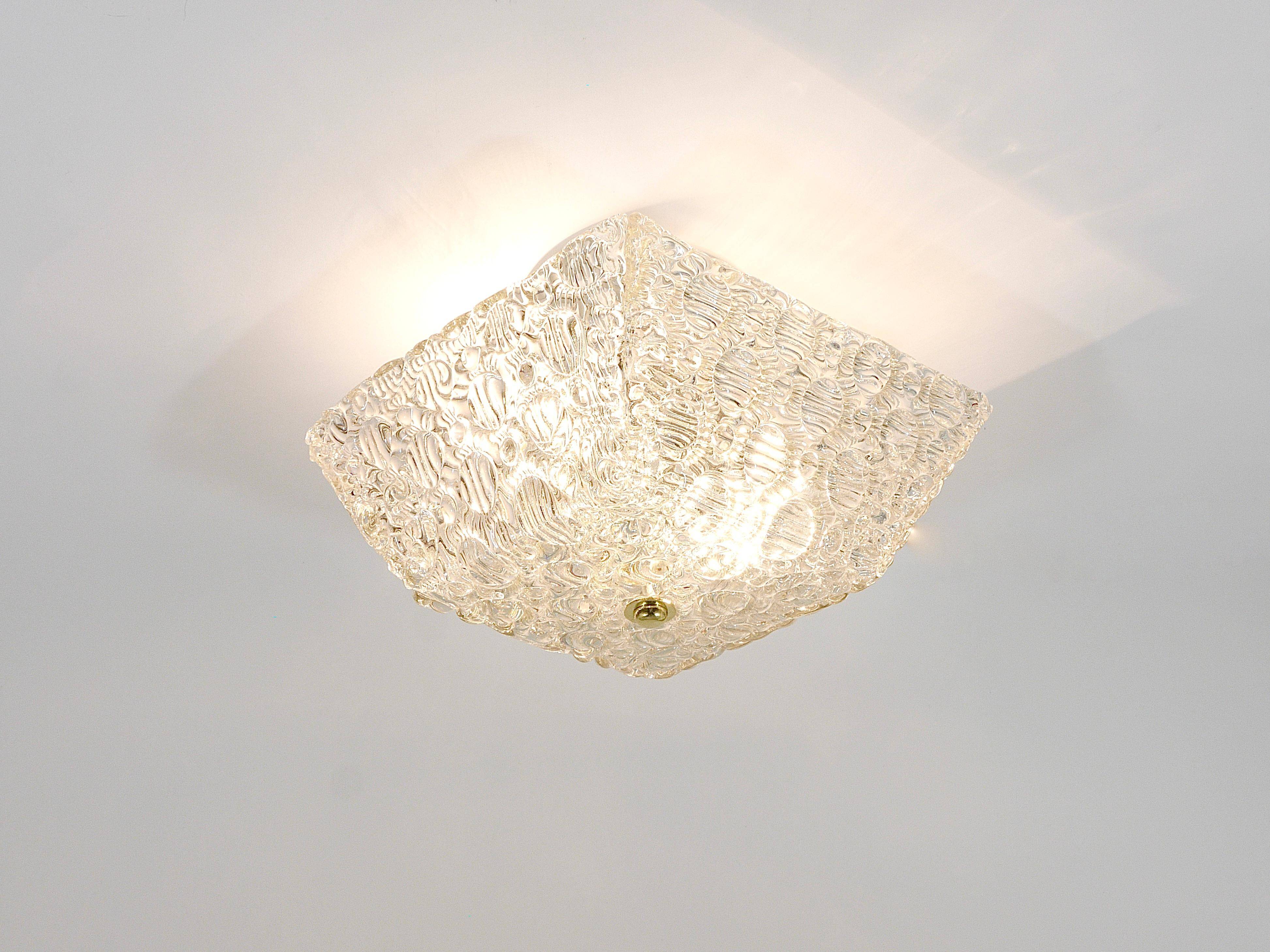 J.T. Kalmar Square Applique Ceiling Light in Brass and Textured Glass, 1950s