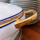 table service art deco limoges porcelain white border blue and gold 61 pieces signed