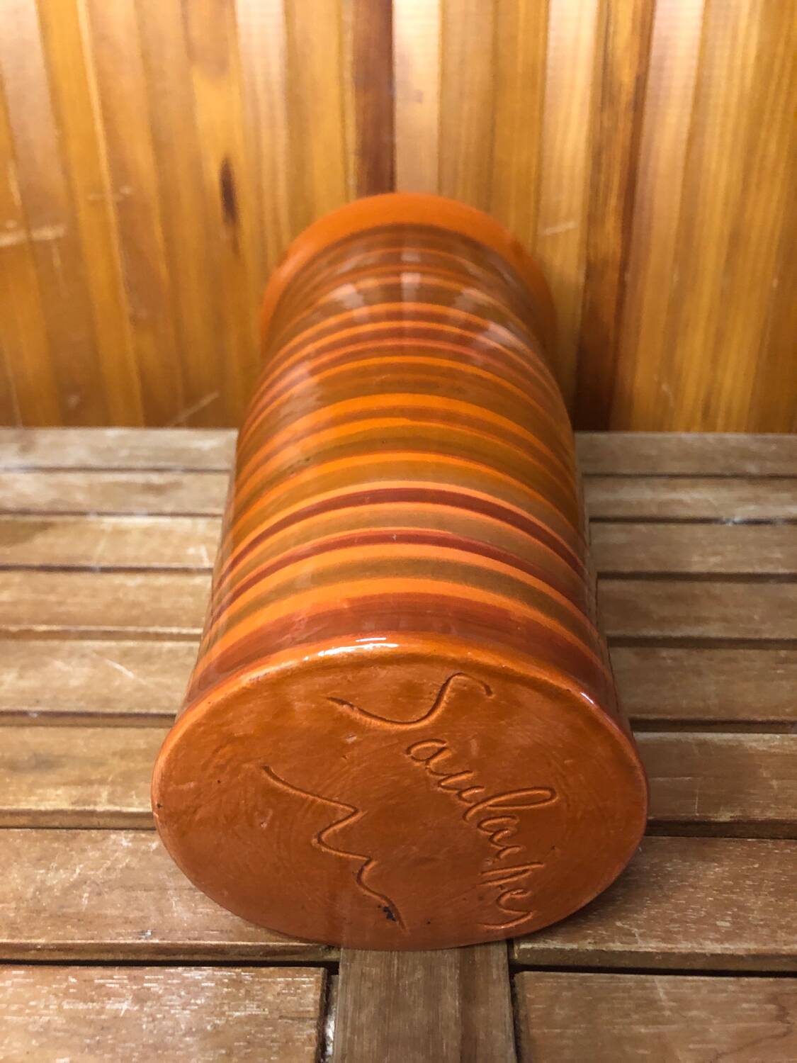 Old soulaines vase france ceramic brown & orange vintage #a393