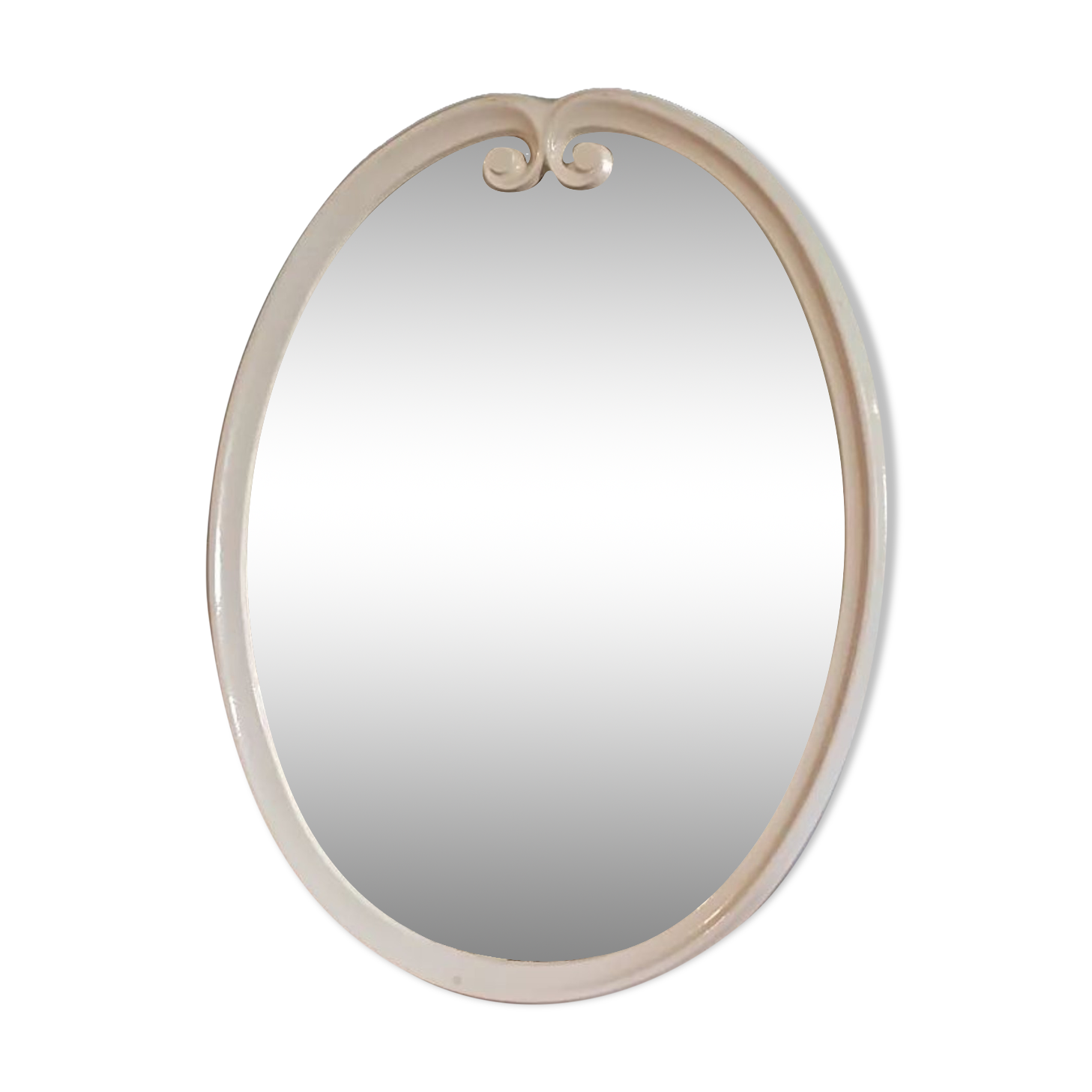 Oval mirror patinated white enamelled metal frame