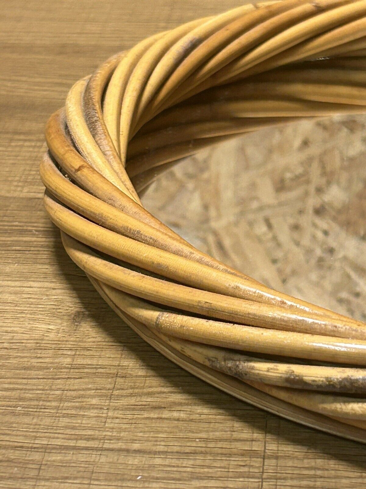 Old vintage rattan round mirror, 70s, pop decoration
