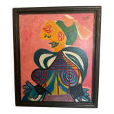 Peinture abstraite de style cubiste – Signée – Huile sur toile avec cadre
