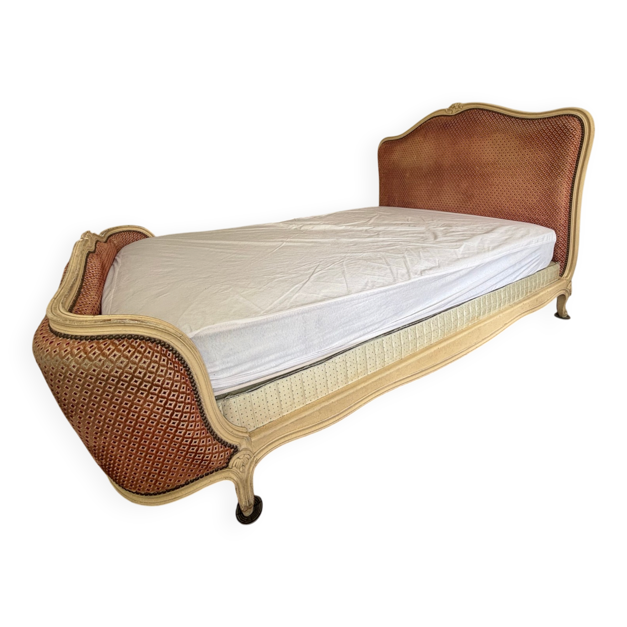 Elegant Louis XV style upholstered bed, patinated wood, house spirit of f