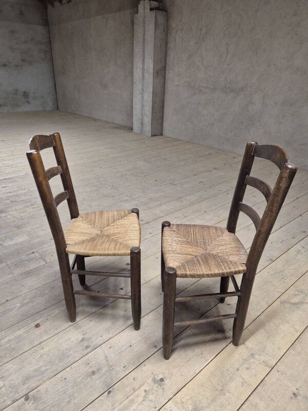 Paire de chaises en paille rustique campagnard montagne ancienne 1950s