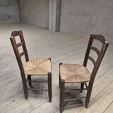 Pair of rustic country mountain straw chairs, old 1950s