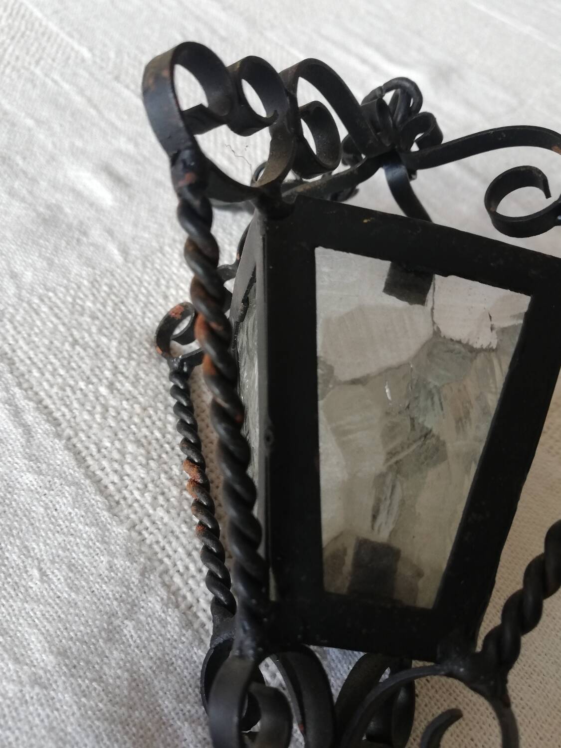 Small vintage wrought iron and glass lantern for dollhouse