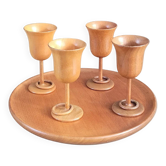 Set of 4 liqueur glasses + turned wooden tray Clay Compton, Gatlinburg, Tennessee