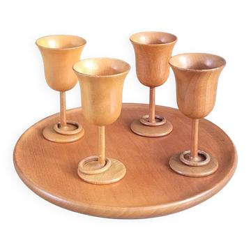 Set of 4 liqueur glasses + turned wooden tray Clay Compton, Gatlinburg, Tennessee