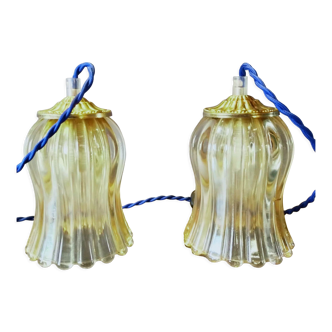 Duo tulip lamps golden fluted glass