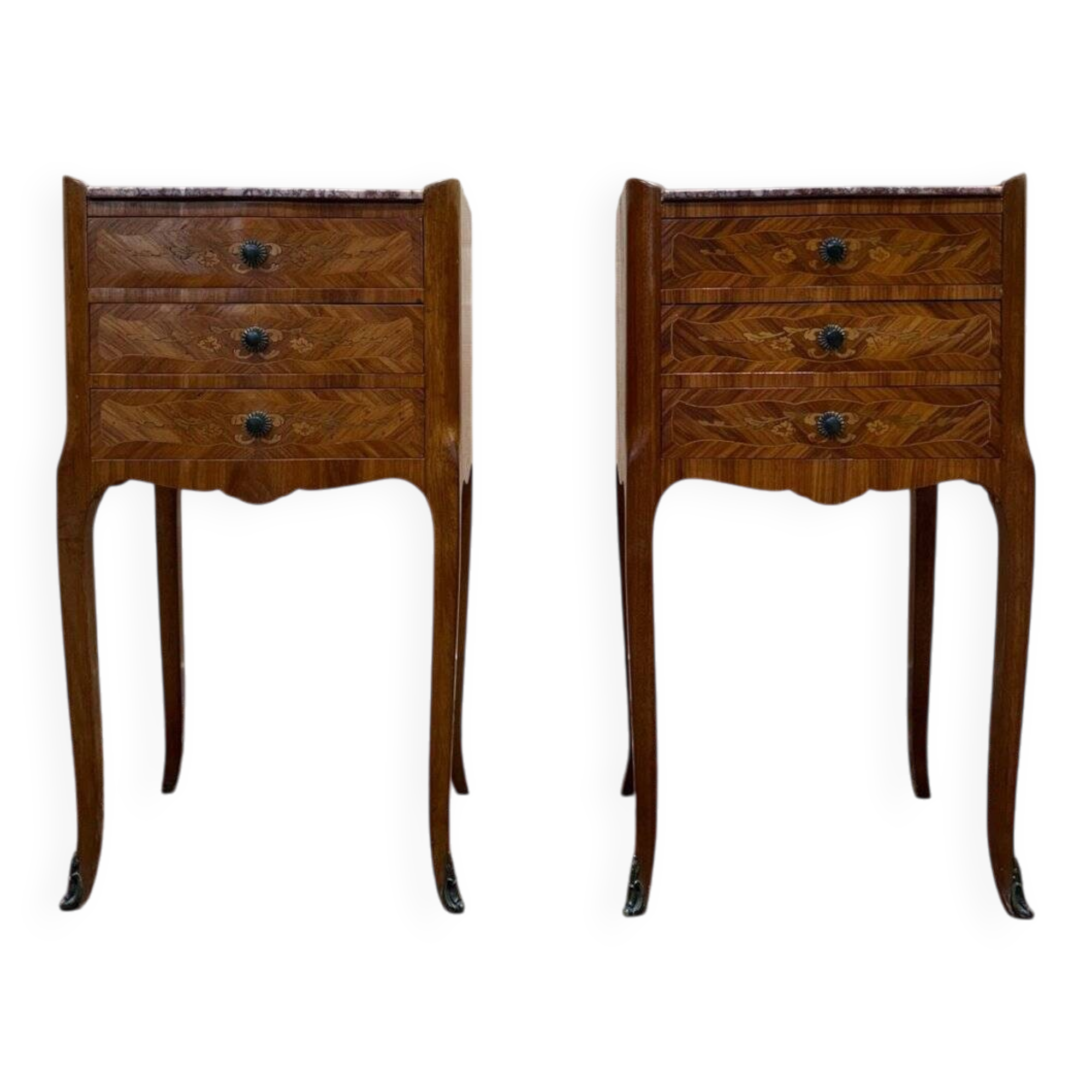 Pair of Louis XV style bedside tables in marquetry.
