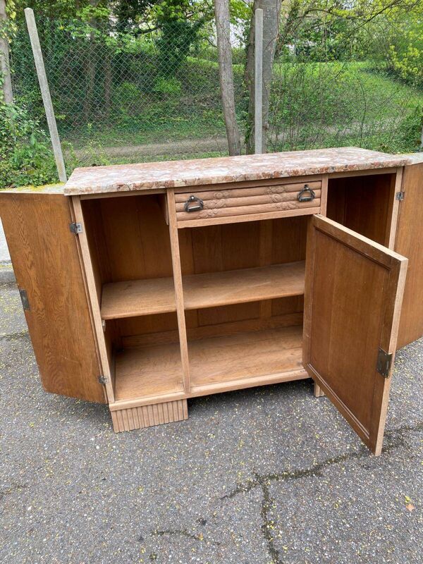 Buffet parisien art déco vintage rénové en bois massif et marbre rose 123cm