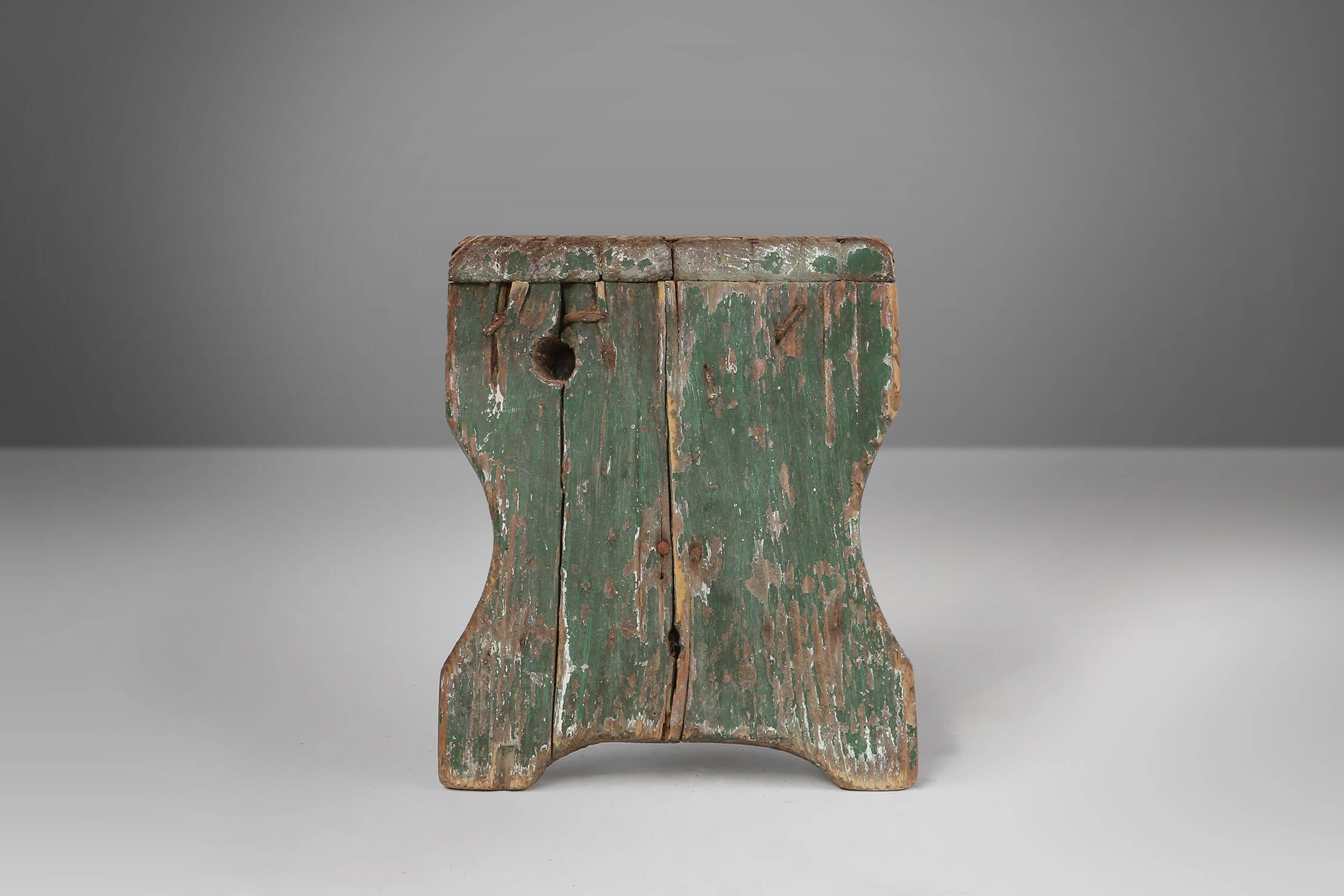 Industrial green wooden stool with nice patina, France 1900