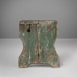 Industrial green wooden stool with nice patina, France 1900