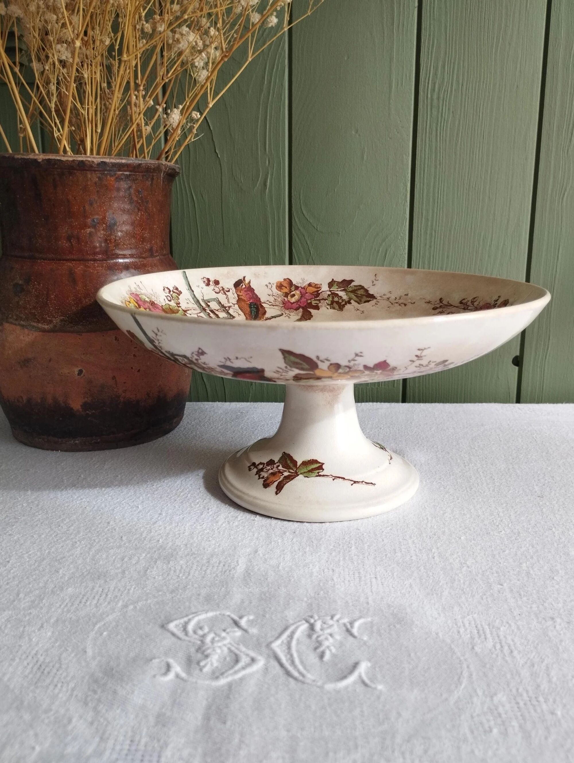 Ironstone compote E. Bourgeois Grand Dépôt Birds