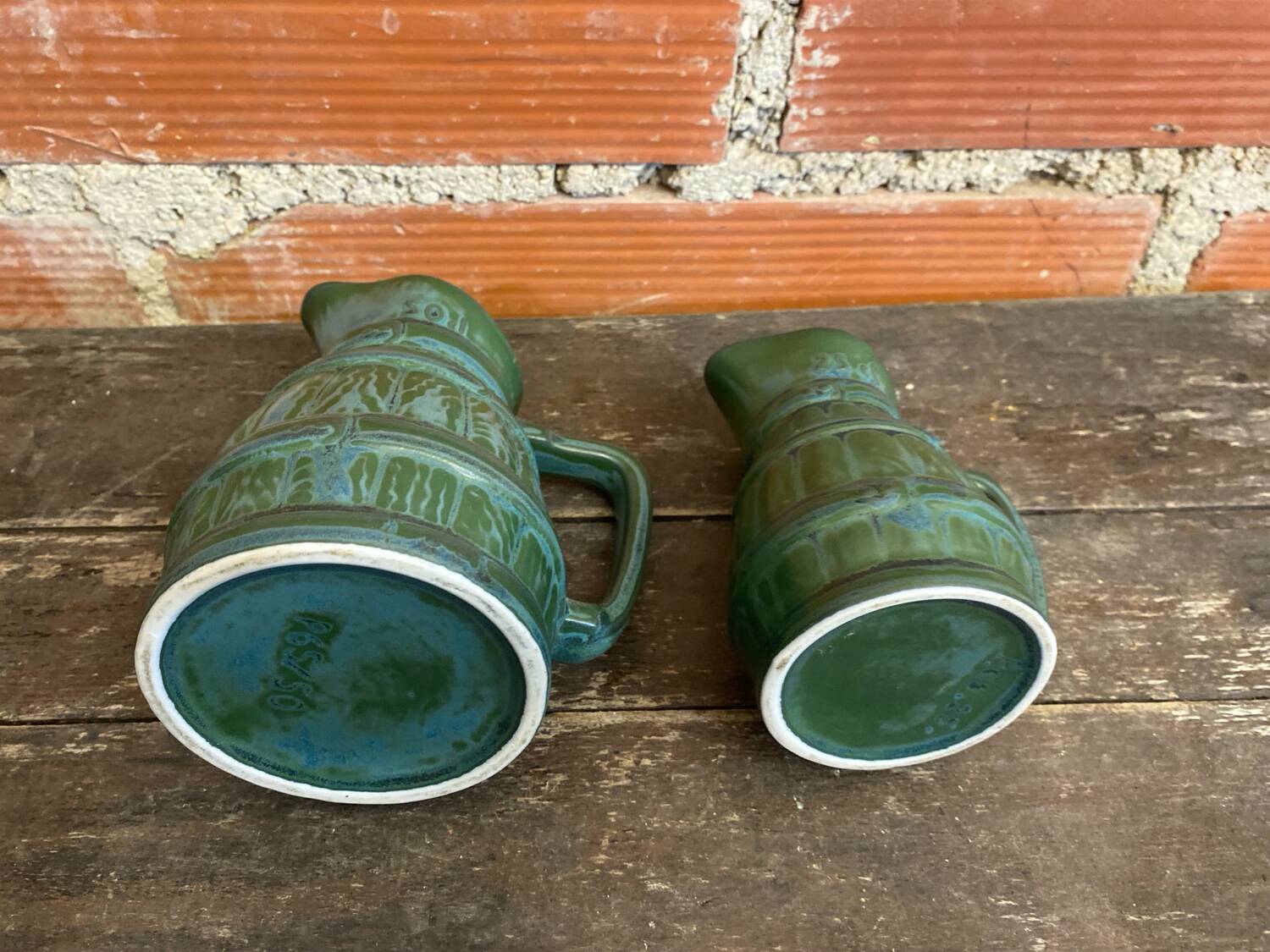 Pair of Vintage 70s Green Glazed Ceramic Barrel-Shaped Jugs