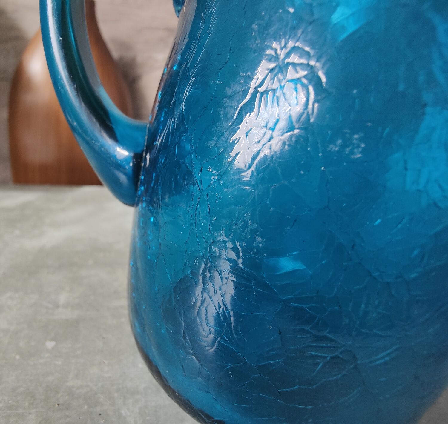Blue cracked glass pitcher