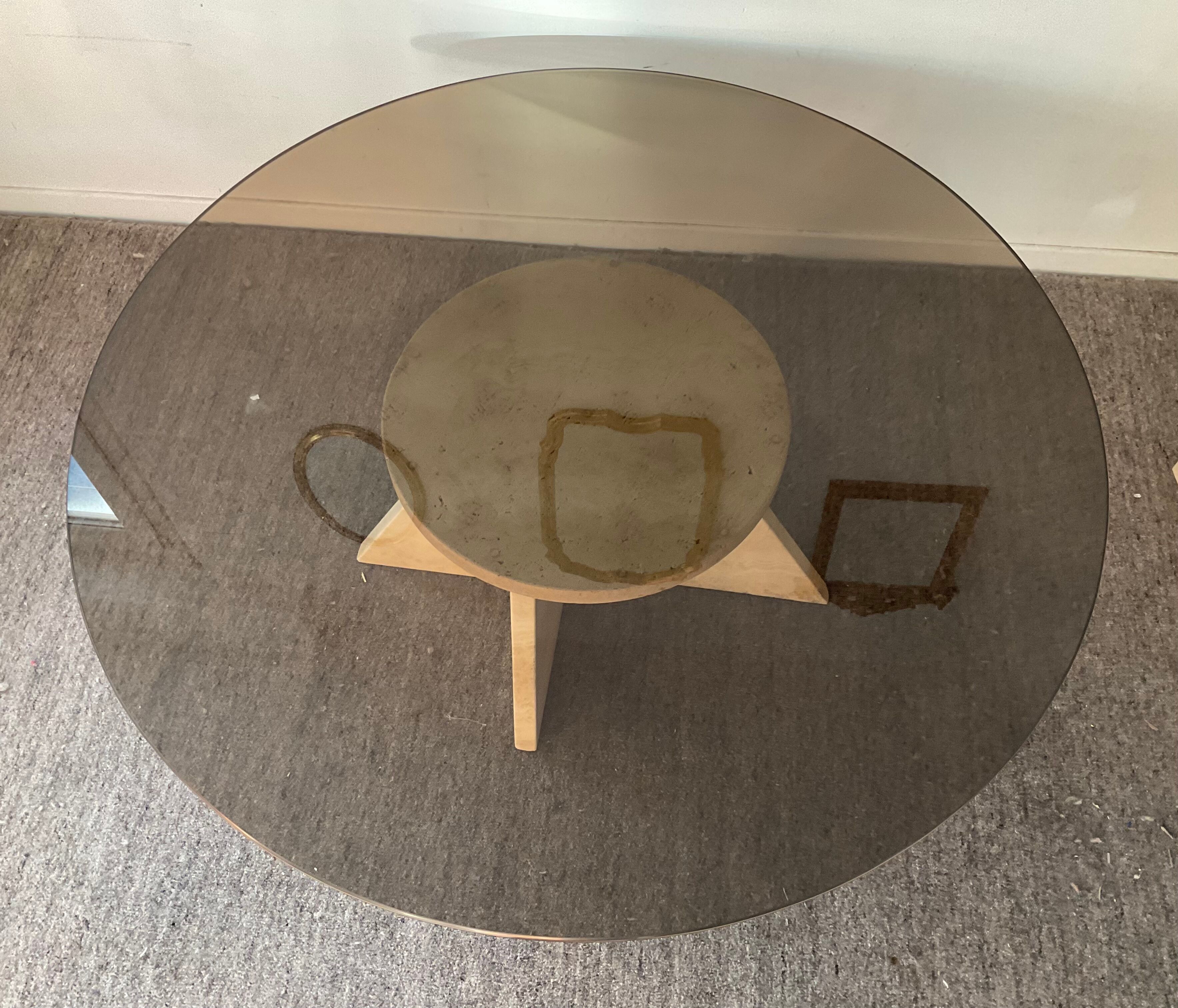 Vintage coffee table in travertine and smoked glass 70s