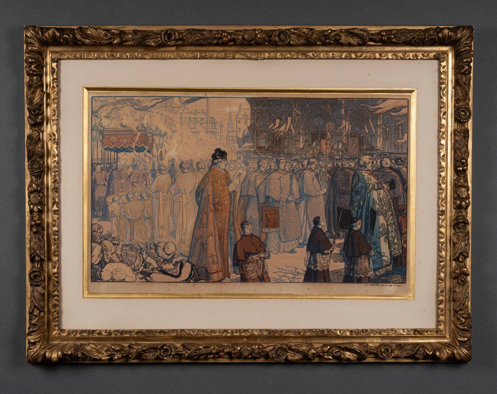 Engraving Auguste Lepère enhanced religious procession Nantes cathedral