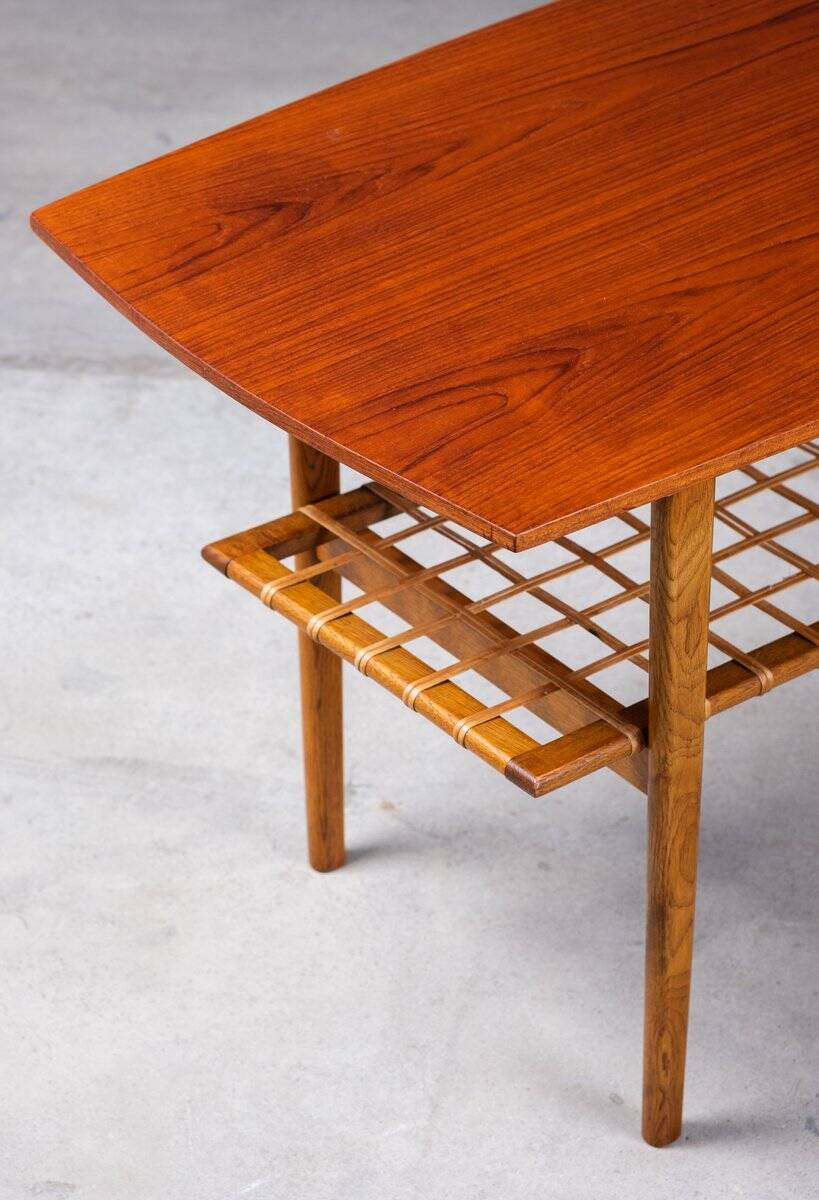 Teak and Oak Coffee Table with Rattan Shelf, Denmark, 1960s