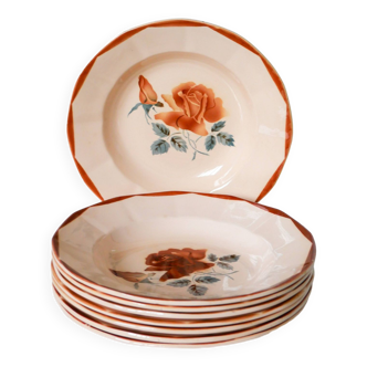 Lot de 8 assiettes creuses Digoin Sarreguemines à fleurs roses et rouges 1950