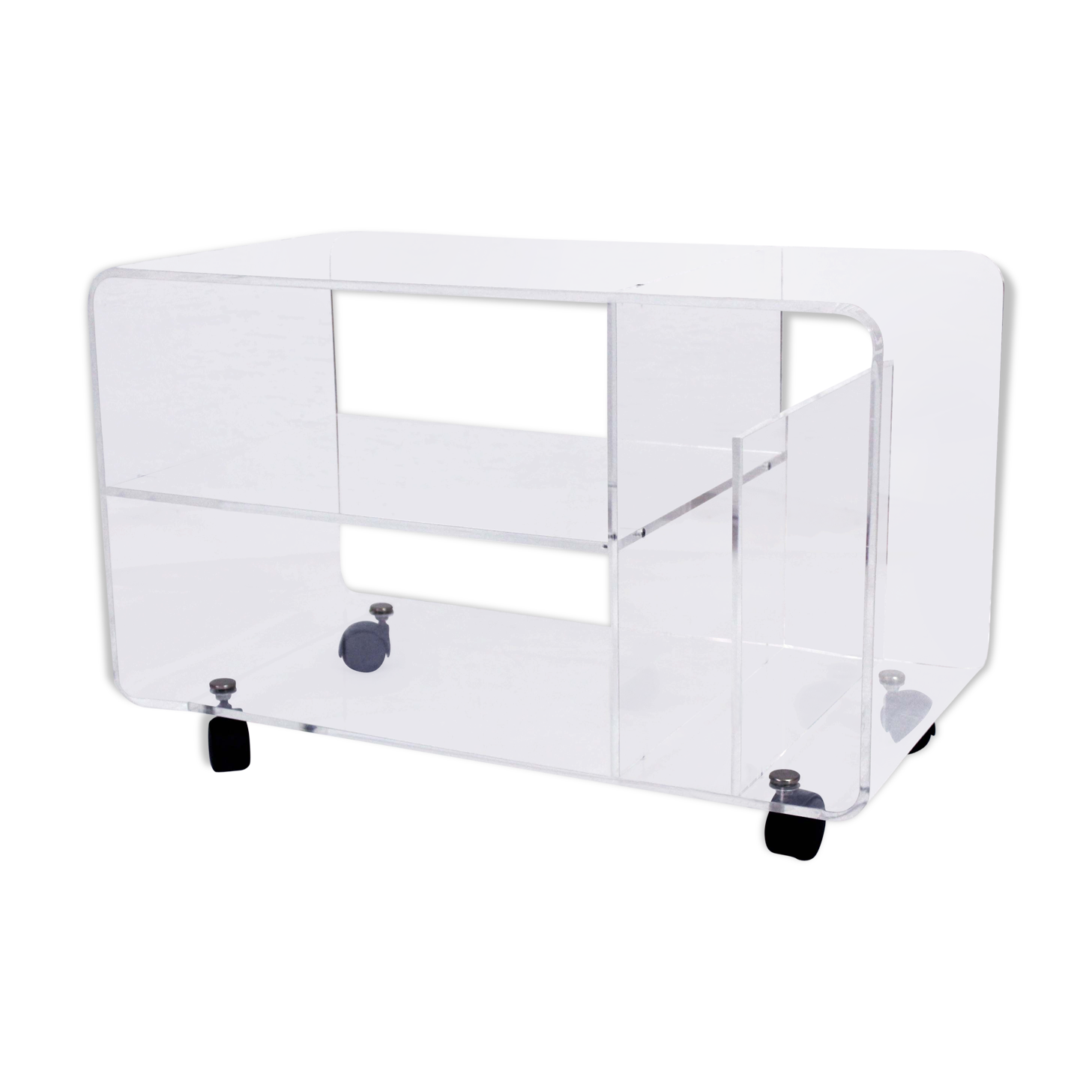 Plexiglas coffee table with vinyl compartment and magazines rack