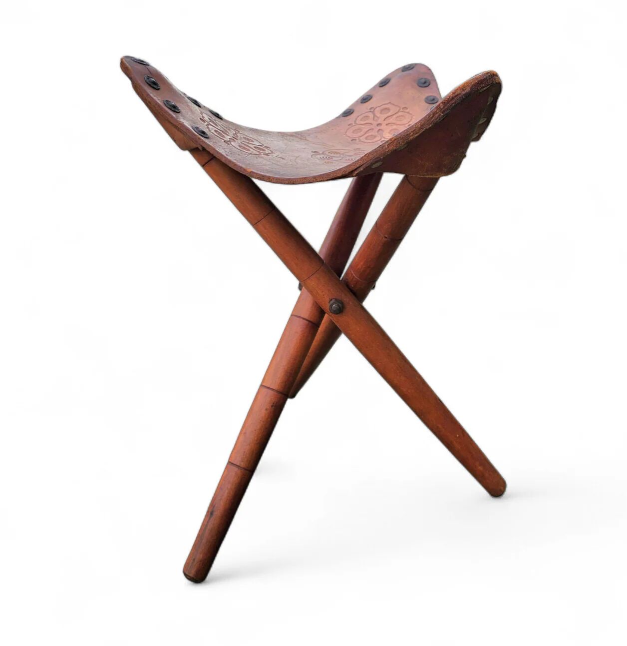 2 x matching vintage tooled leather tripod chair / camp chair