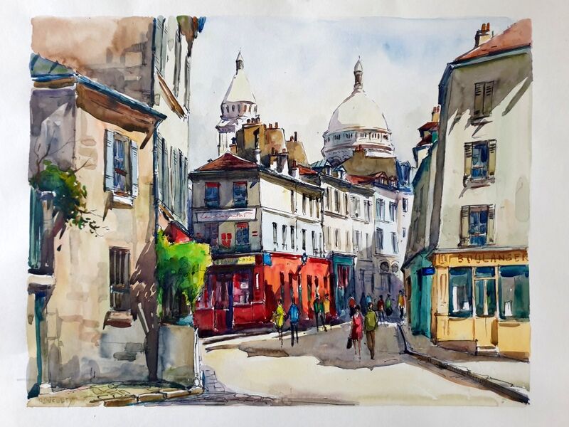 André Duculty (1912-1990) Watercolor on paper "Le Sacré Coeur, Le consulat, Paris" Signed