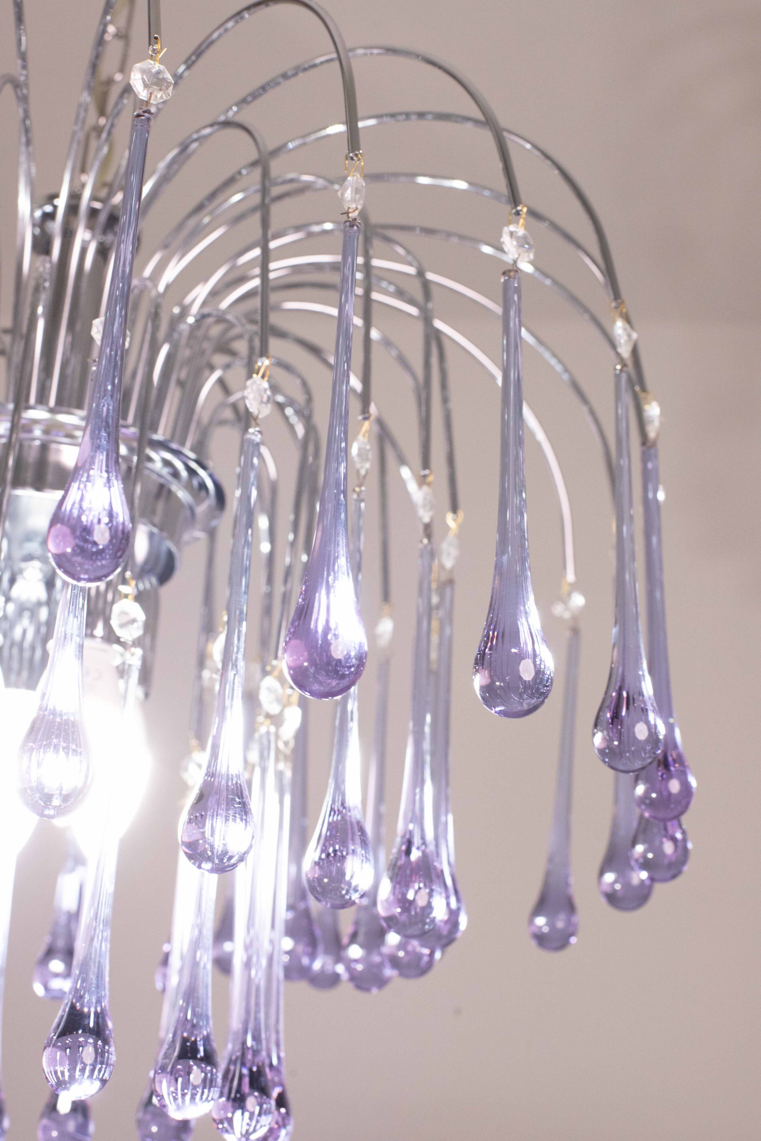 The Purple Crown, LArge Size Murano Chandelier Purple and Crystal Drops, 19