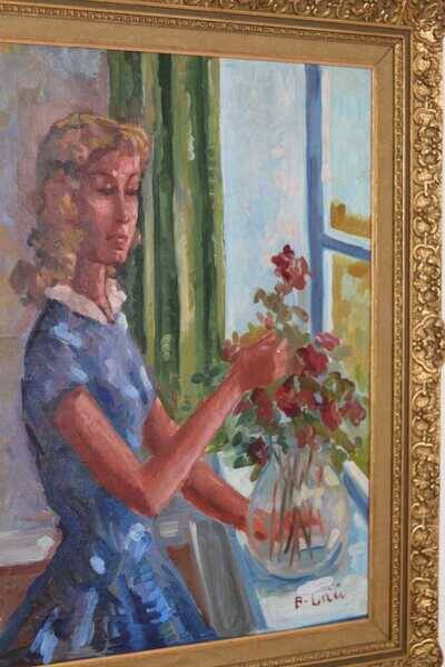 Original Swedish oil on canvas – “Woman with Flowers” by Bendt Lauritzen – signed, framed 82 × 72 cm (32.3" × 28.3")