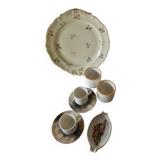 Table service set tray, 2 glasses, 2 cups, 1 ceramic porcelain