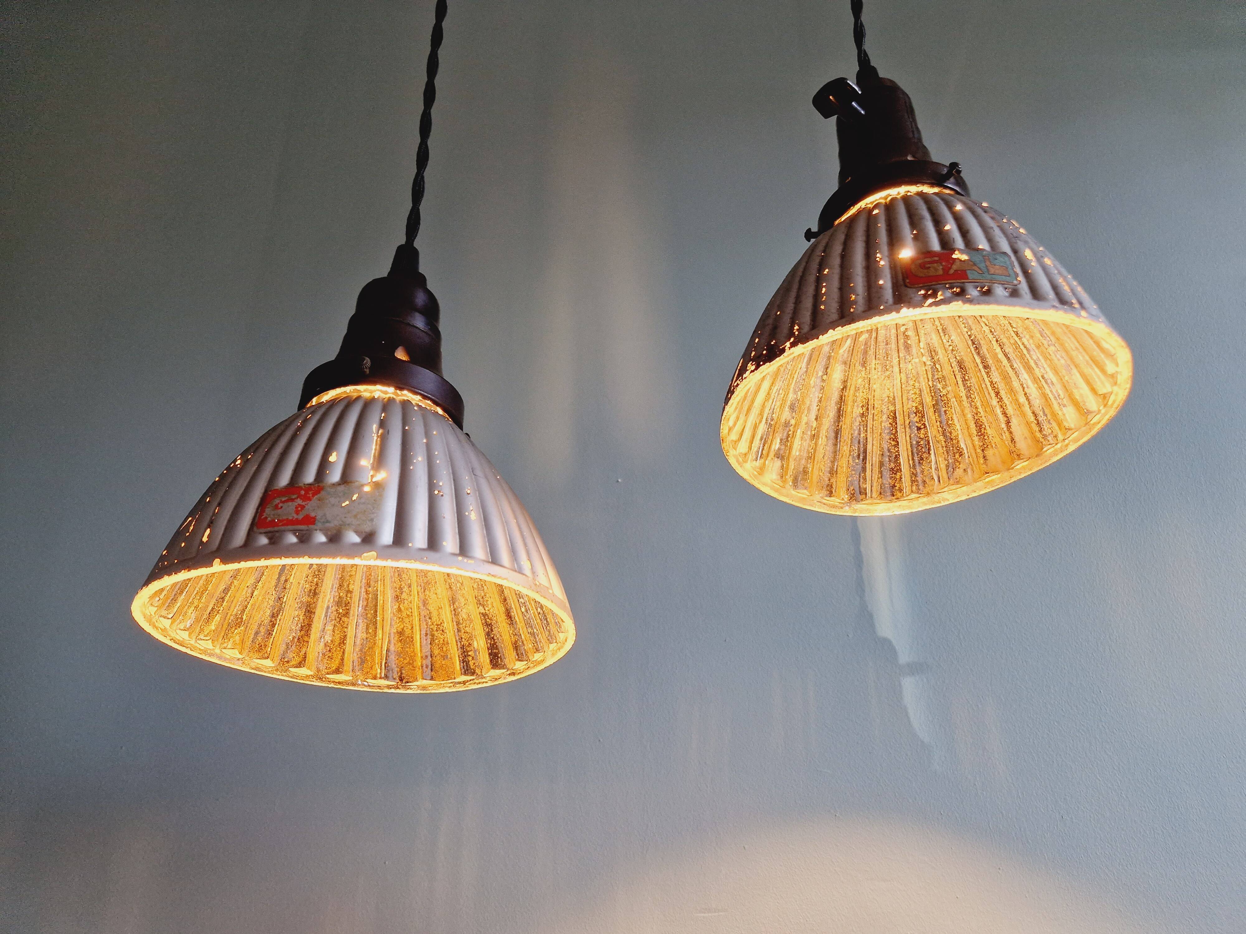 Set of 3 industrial mercury glass pendant lights, GAL (France), 1930s