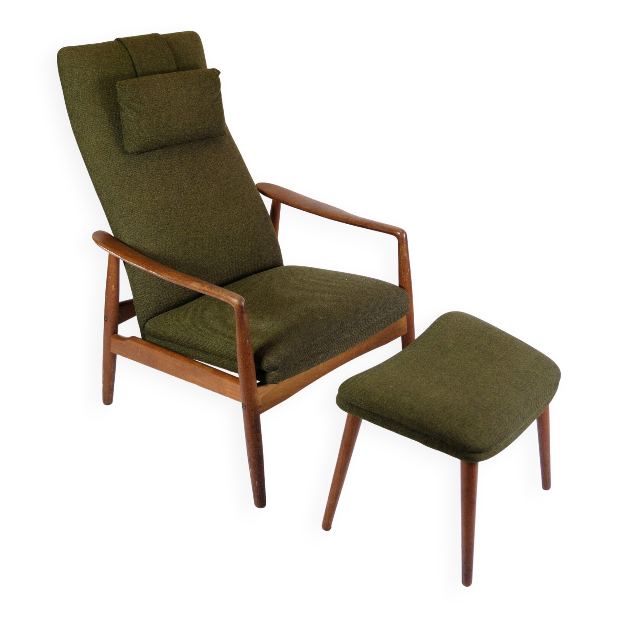Set Of 2 Armchairs With Stool Made In Green Fabric & Teak By Alf Svensson For Fritz Hansen From 1960