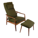 Set Of 2 Armchairs With Stool Made In Green Fabric & Teak By Alf Svensson For Fritz Hansen From 1960