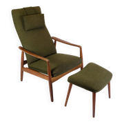 Set Of 2 Armchairs With Stool Made In Green Fabric & Teak By Alf Svensson For Fritz Hansen From 1960