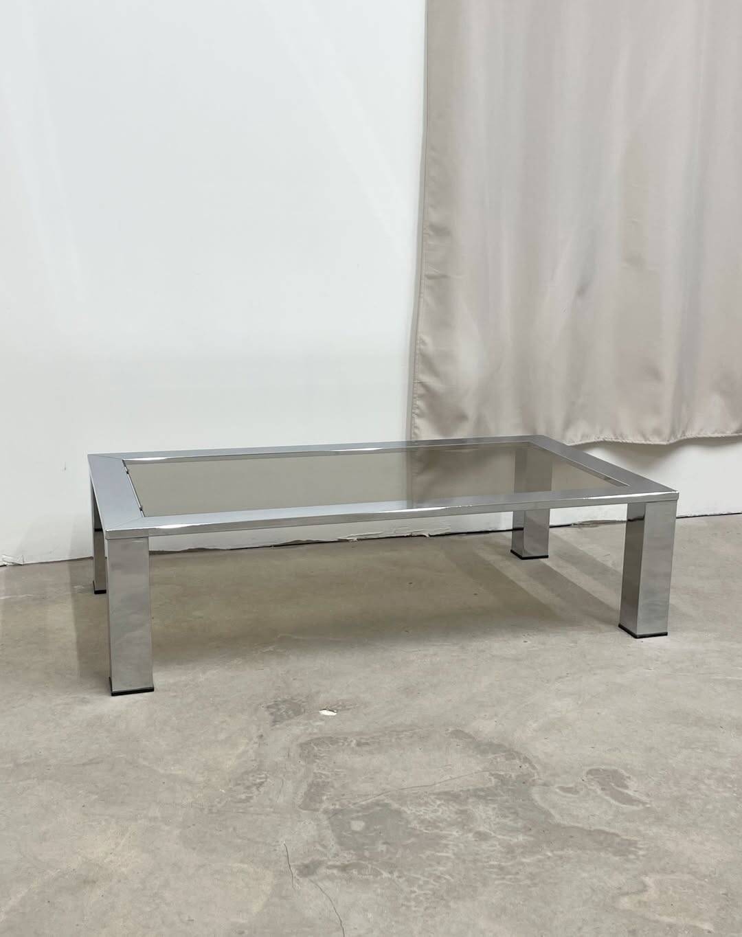 Rectangular coffee table in chromed metal and smoked glass, circa 1970