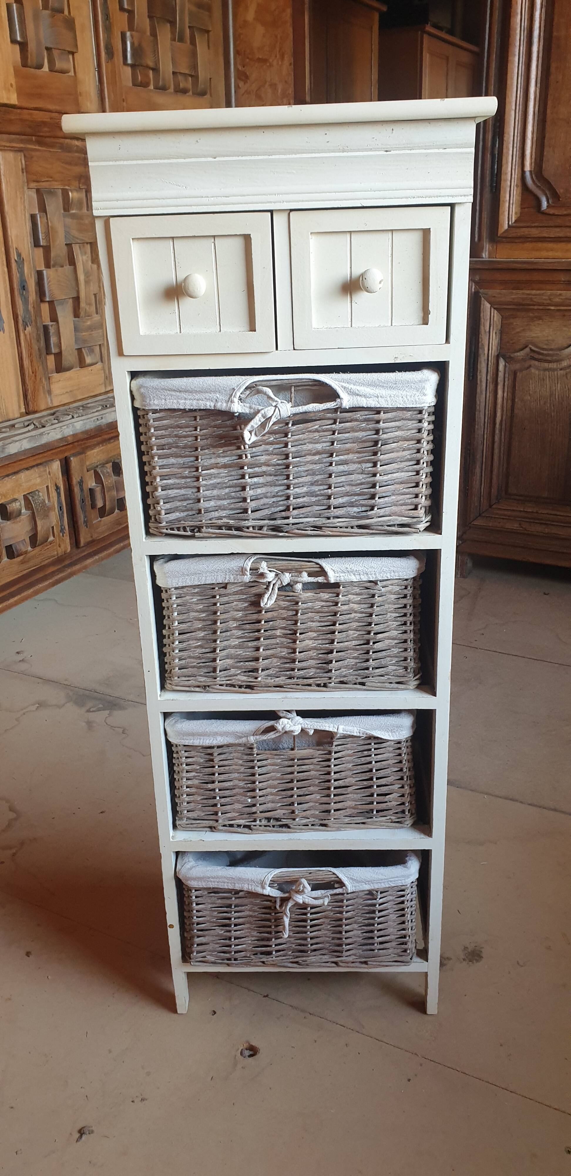chiffonier, linen chest of drawers made of wood, wicker and fabric