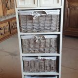 chiffonier, linen chest of drawers made of wood, wicker and fabric