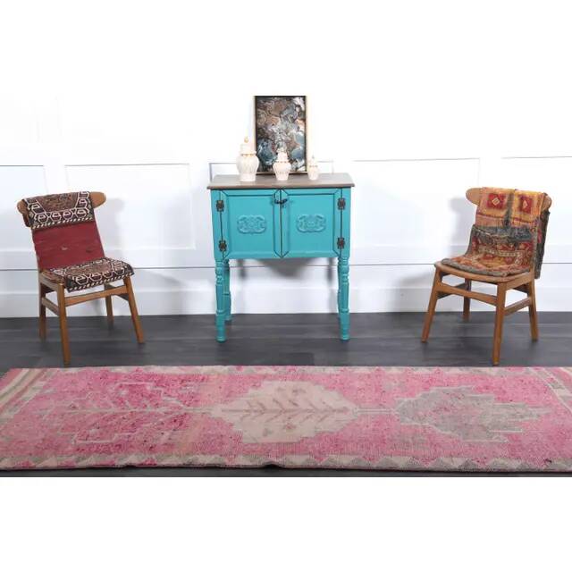 1970s Vintage Turkish Hand-Knotted Wool Cotton Pink Runner Rug 90x303