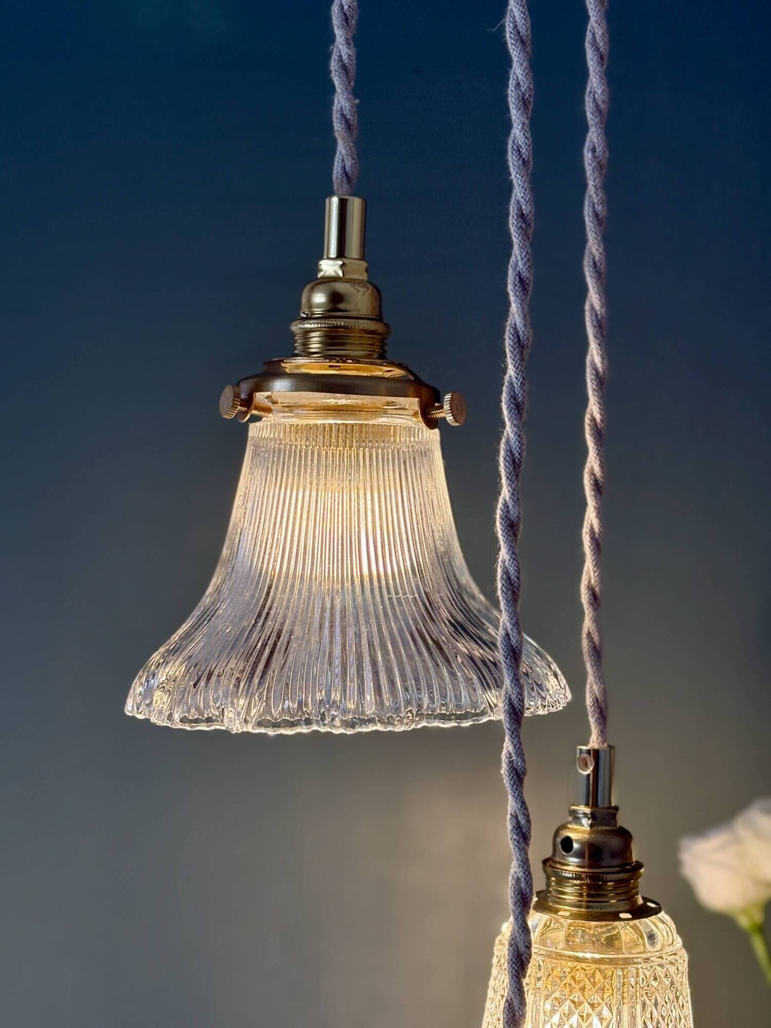 Vintage triple tulip pendant light in chiseled glass and holophane