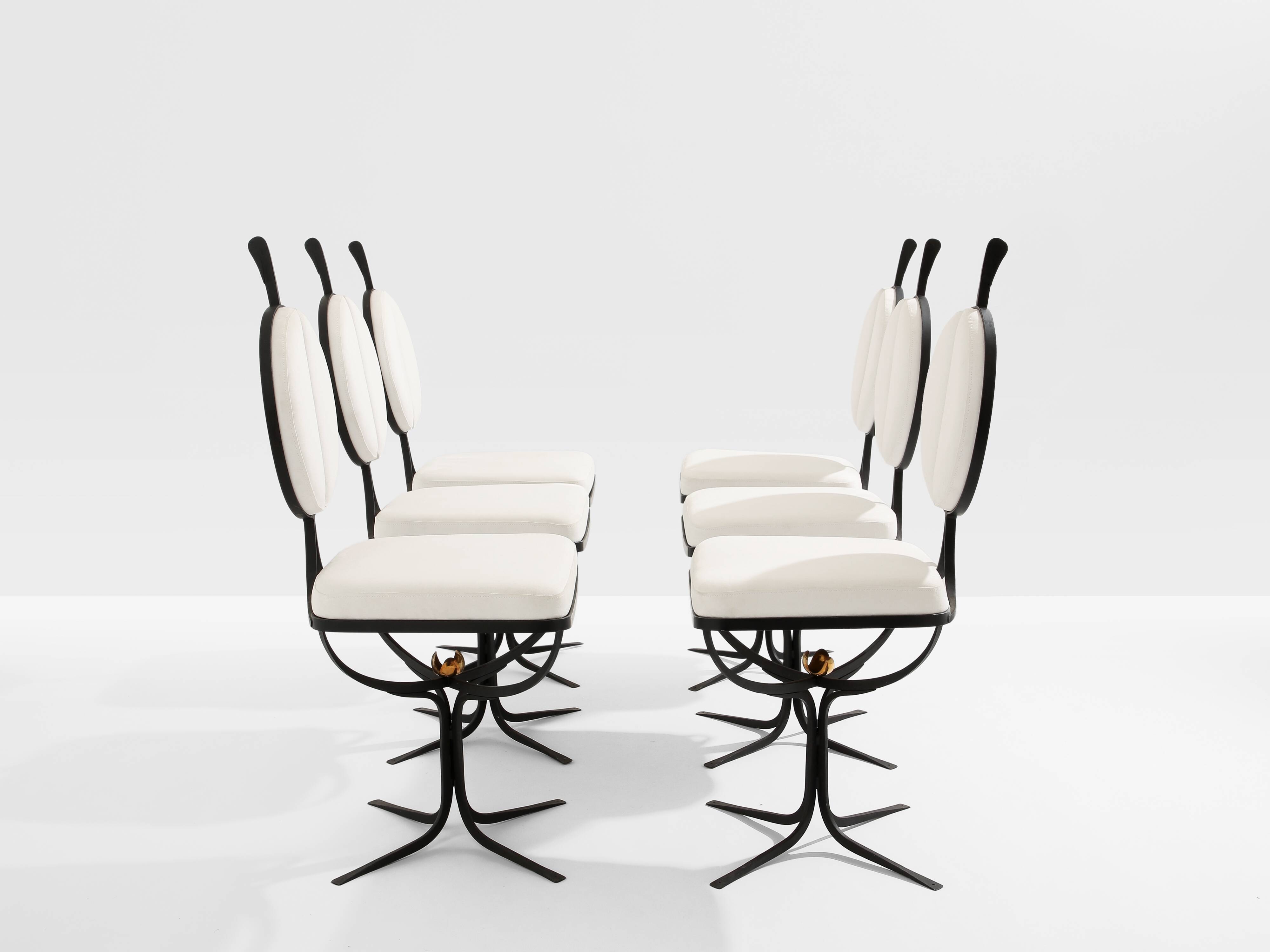 Set of 6 brutalist wrought iron and alcantara chairs from 1990.