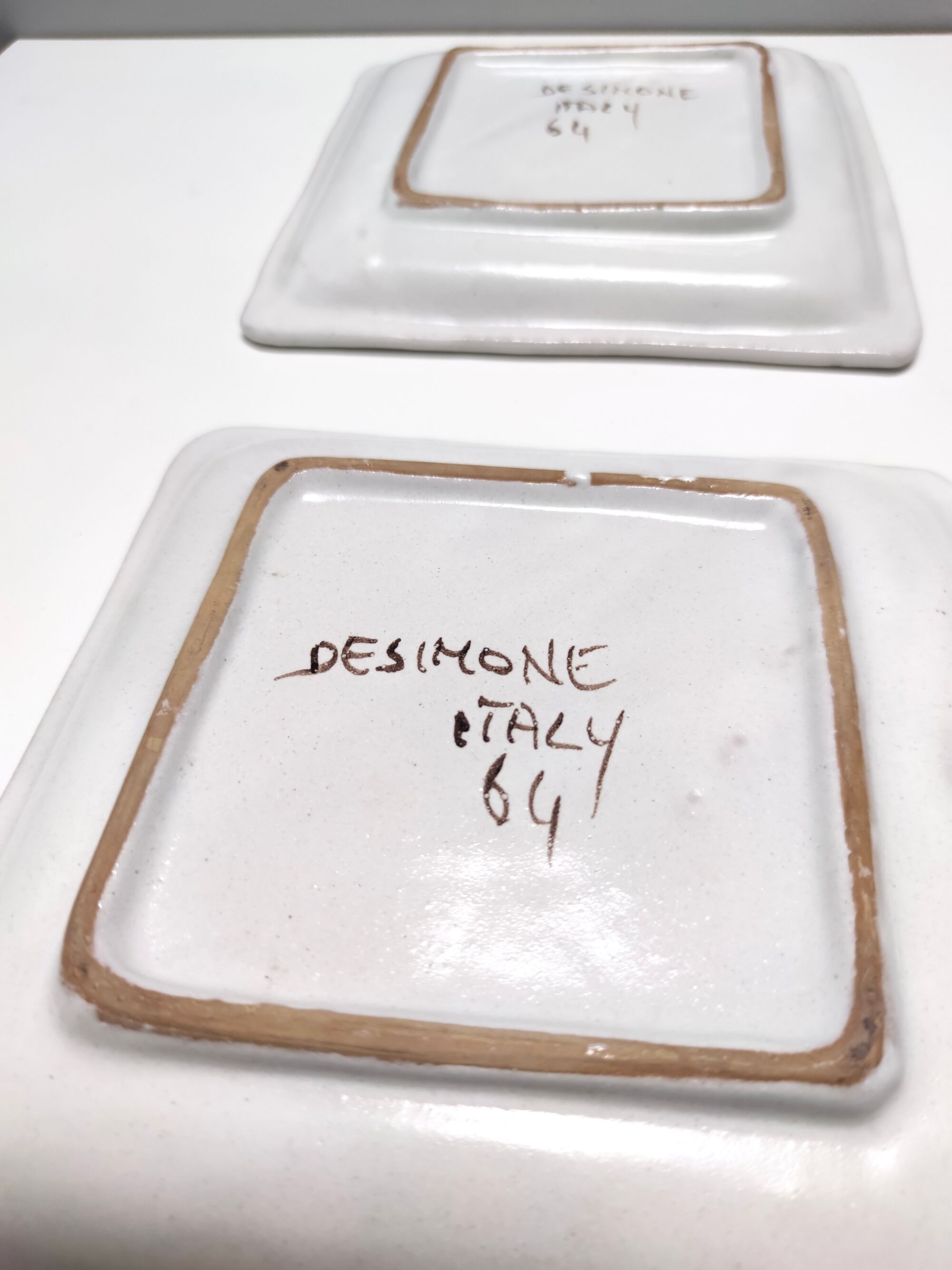Set of Six Vintage Square Hand-Crafted Earthenware Plates by De Simone, Italy