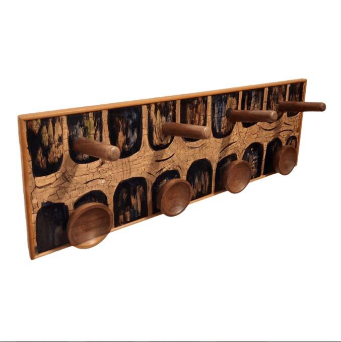 Vintage coat rack in wood and enameled copper