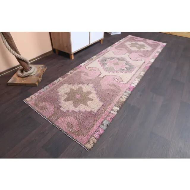 Vintage Turkish hand-knotted wool cotton pink runner rug 88x283